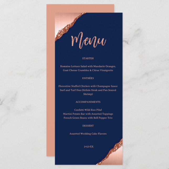 Menu de Casamento com Glitter Azul e Coral (Frente/Verso)