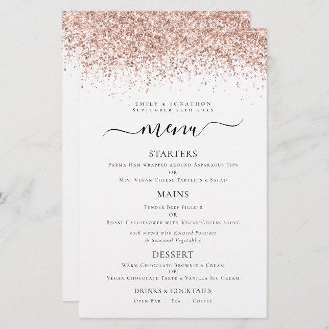 Menu de Casamento com Glitter Dourado Elegante de  (Frente/Verso)