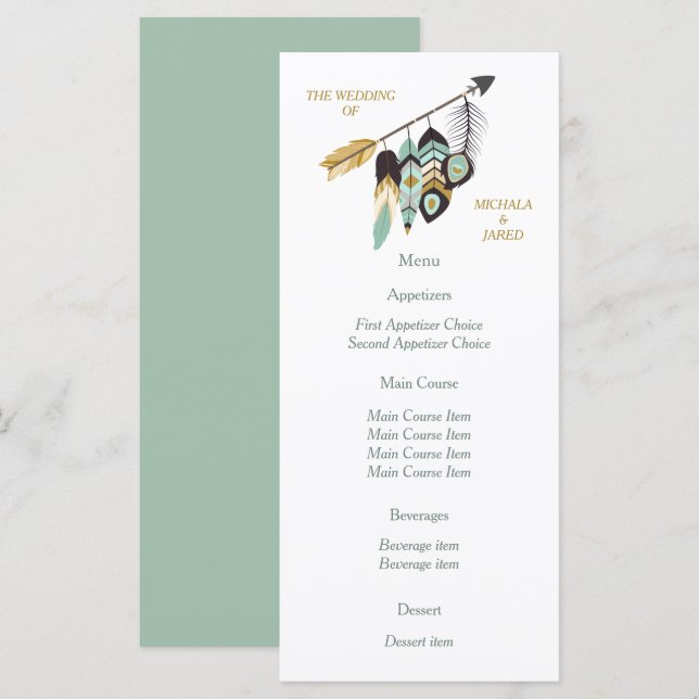 Menu de Casamento com Seta de Penas de Teal (Frente/Verso)