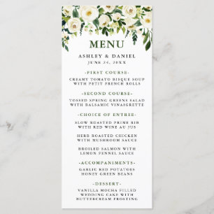 Menu de Casamento com Verde Floral Branco de Aquar