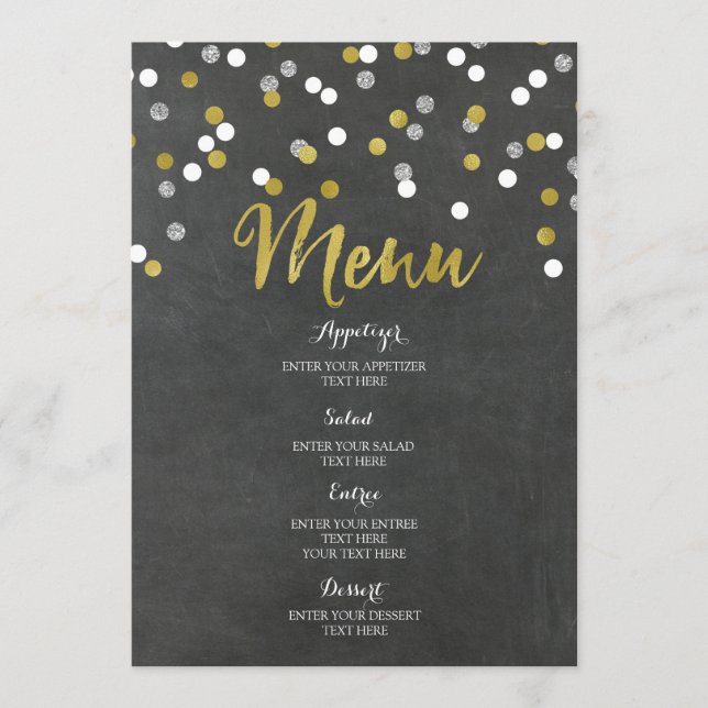 Menu de Casamento Confetti do Quadro Silver Dourad (Frente)