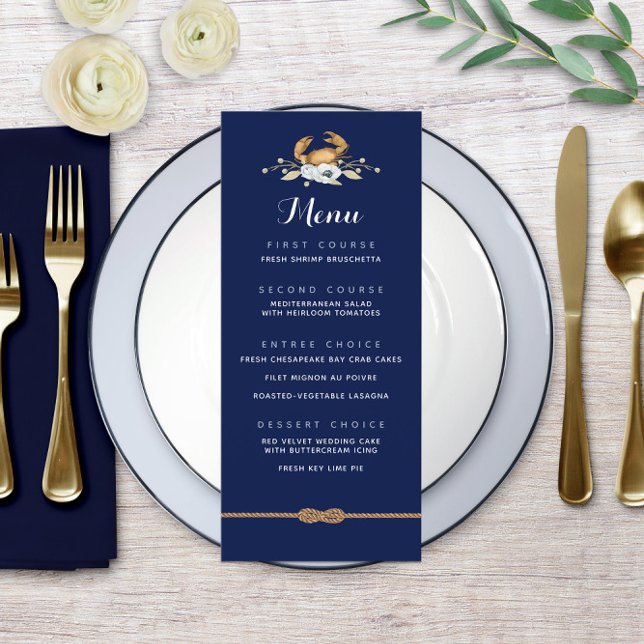 Menu de Casamento Costeiro Azul e Branco do Marinh (🦀 Nautical Navy Blue & White Coastal Wedding Menu
)