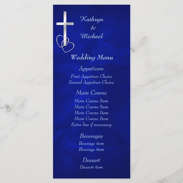 Menu de Casamento Cruz Cristã de Prata Azul (Frente)