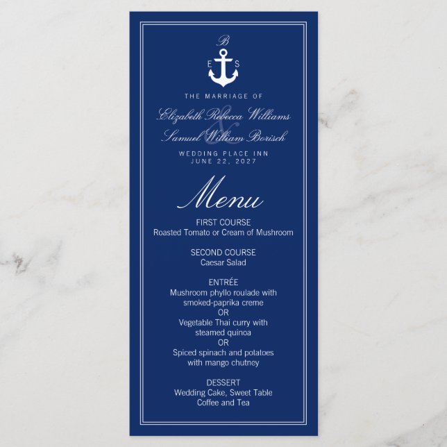 Menu de Casamento da Âncora do Monograma Azul Escu (Frente)
