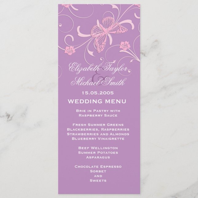 Menu de Casamento da Borboleta da Lavanda de Sonho (Frente)