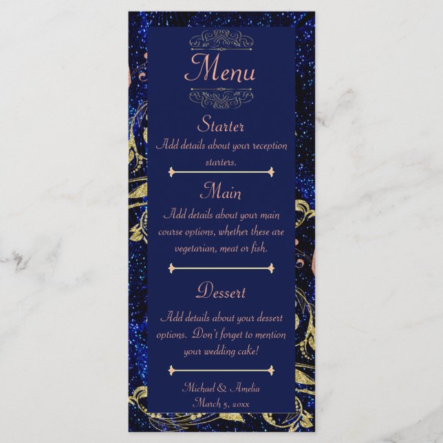 Menu de Casamento da Borboleta Dourada Real Azul (Frente)