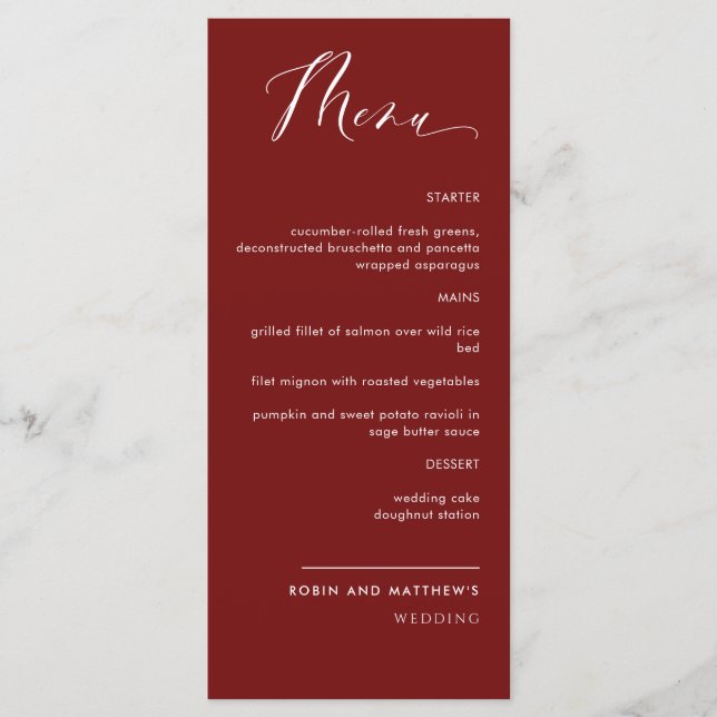 Menu de Casamento da Caligrafia Vermelha Elegante  (Frente)