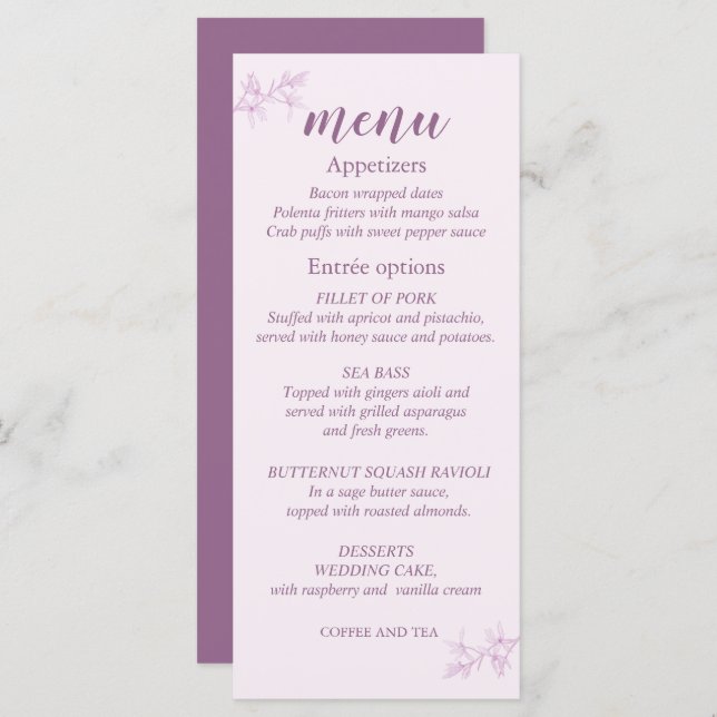 Menu de Casamento da Flor do eterno (Frente/Verso)