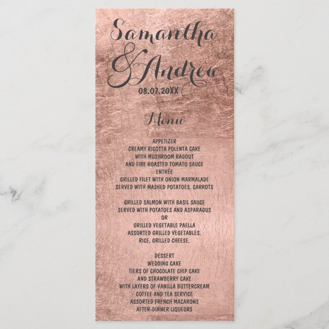 Menu de casamento da folha rosa de ouro do luxo 2 (Frente)