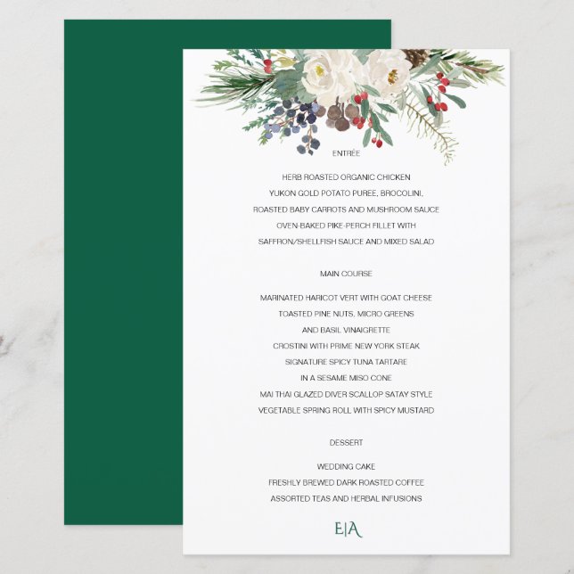 Menu de Casamento da Rosa de inverno (Frente/Verso)