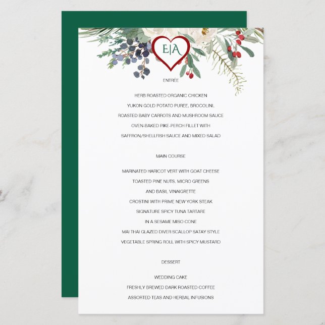 Menu de Casamento da Rosa de inverno (Frente/Verso)