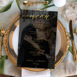 Menu de casamento da sobreposição preta dourada do<br><div class="desc">Simples cobertura de fotos personalizada preta e magra em preto e moda dourada com script de caligrafia de chic personalizado modelo BUDGET barato cartão de menu de casamento.</div>