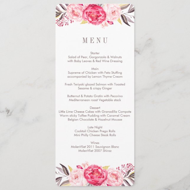 Menu de Casamento da Sola da Flor de Água Rosa (Frente)