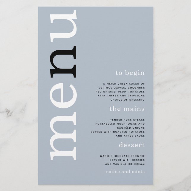 Menu de Casamento da Tipografia Azul Simples Dusty (Frente)