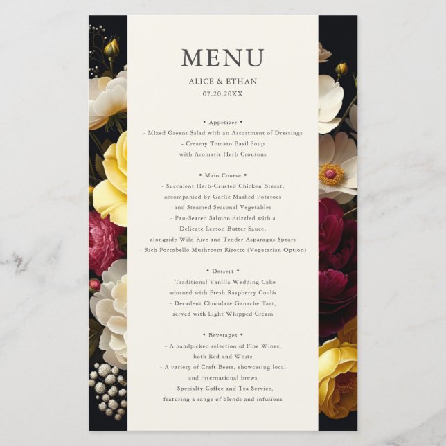 Menu de Casamento Dark do Jardim Bloom (Frente)