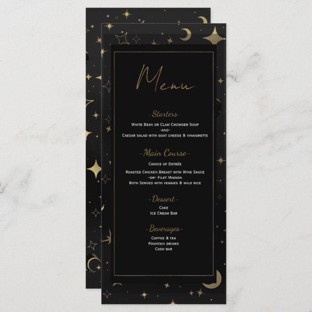 Menu de Casamento das Estrelas Celestiais Negras e (Frente/Verso)