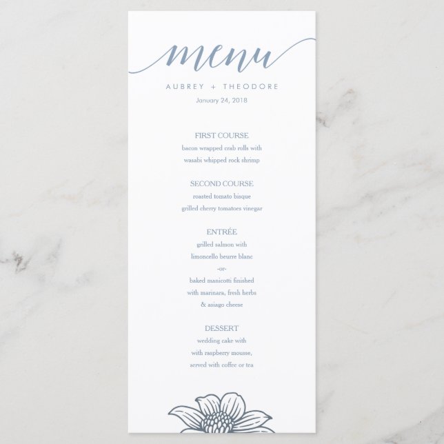 Menu de Casamento das Flores Azuis e Escamoteadas  (Frente)