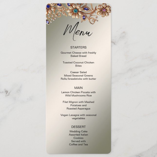 Menu de Casamento das Flores de Joias Douradas Ele (Frente)