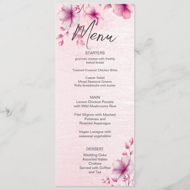 Menu de Casamento das Flores Rosa (Frente)
