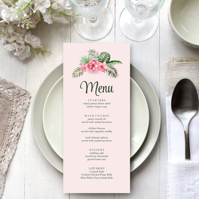 Menu de Casamento das Flores Tropicais Rosa (Pink Tropical Flowers Wedding Menu on a white wedding table.)