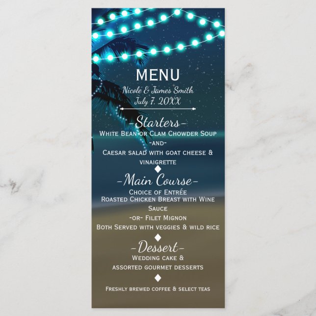 Menu de Casamento das Luzes das Cordas de Praia da (Frente)