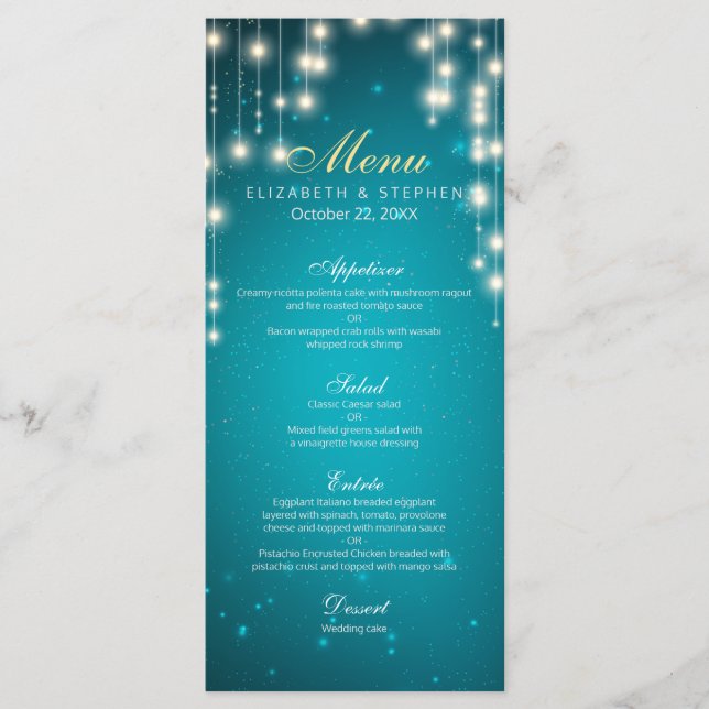 Menu de Casamento das Luzes de Corda Chic Turquois (Frente)
