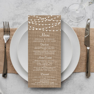 Menu de Casamento das Luzes de Corda Rustic Burlap