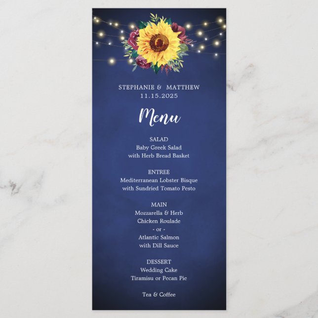 Menu de Casamento das Luzes de Rosa do Sunflower B (Frente)