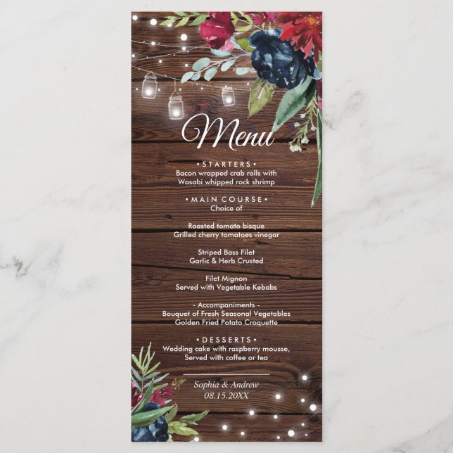 Menu de Casamento das Luzes Florais Rustic Wood Bu (Frente)