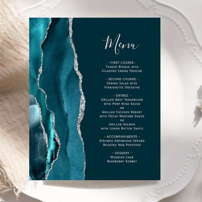 Menu de Casamento de Agata de Teal Silver Escuro (Criador carregado)