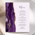 Menu de Casamento de Agata Dourada Roxo do Orçamen<br><div class="desc">A borda esquerda deste elegante cardápio moderno de casamento apresenta uma cor d'água roxa, borda agitada com falso brilho dourado. O texto personalizável combina o script de escrita manual de cinzas de carvão e as fontes de impressão em um fundo púrpura pálido. O verso apresenta um design de agate roxo...</div>