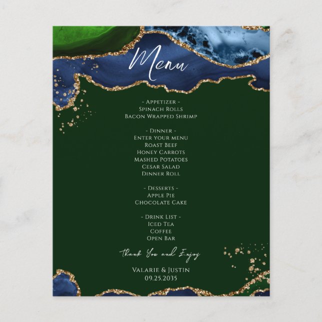 Menu de Casamento de Agata Verde Azul de Orçamento (Frente)