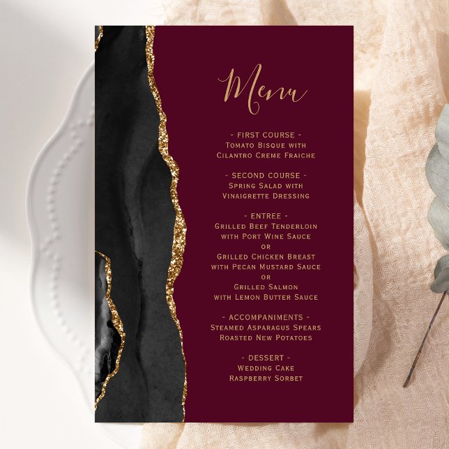 Menu de Casamento de Agate Burgundy Preto, Dourado (Criador carregado)