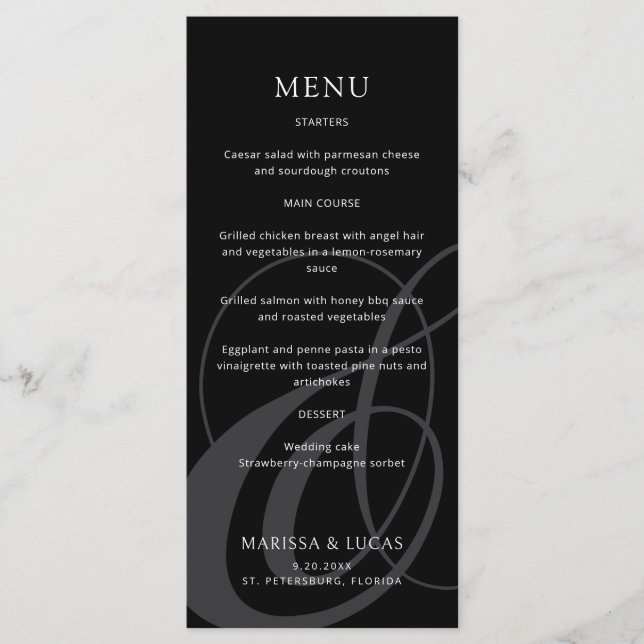Menu de Casamento de Ampersand Branco Preto com Sc (Frente)