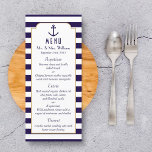 Menu de Casamento de Âncora de Marinho Náutico e F<br><div class="desc">Cartões de Marinho Náutico e Cartões de Âncora de Ancoragem de Stripe Branca</div>