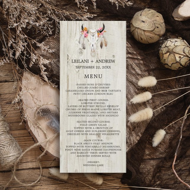Menu de Casamento de Antler Rustic Wood Light (Rustic wood with watercolor skull feather and flower. Perfect for that outdoor, barn, fall wedding.)
