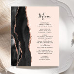 Menu de Casamento de Blush de Agate de Rosa Dourad<br><div class="desc">A borda esquerda deste elegante convite de casamento moderno apresenta uma coloração aquosa preta, borda agitada, aparada com falso rosa dourado. O texto personalizável combina o script de escrita manual preto de ardósias e as fontes de impressão em um fundo cor-de-rosa de pincel. O verso apresenta um design de agate...</div>