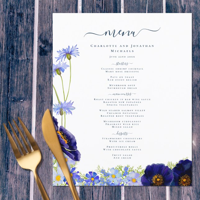 Menu de Casamento de Boho Floral Azul Moderno (Wildflower watercolor blue personalized wedding menu original artwork by artist Catherine Sweetman)