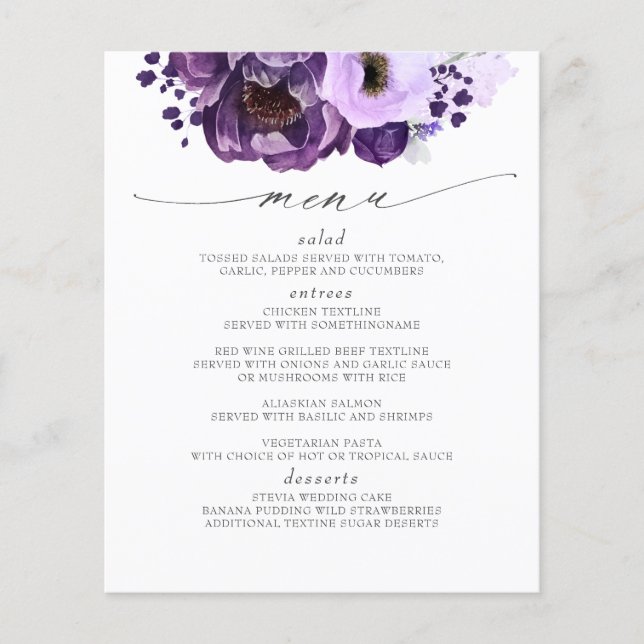 Menu de Casamento de Boho Moderno e Roxo de EggPla (Frente)