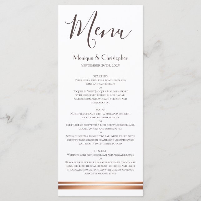 Menu de Casamento de Branco Moderno e Cobre (Frente)