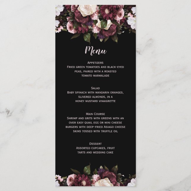 Menu de Casamento de Buquês Florais Rosa e Borgonh (Frente)