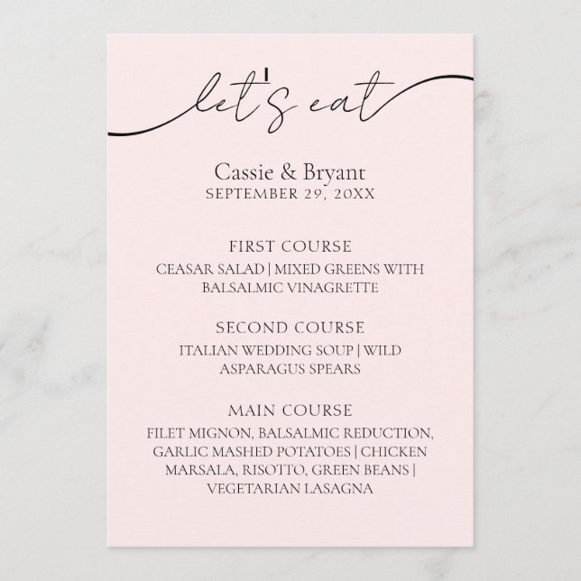 Menu de Casamento de Caligrafia Elegante Rosa-Rosa (Frente)