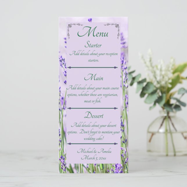 Menu de Casamento de Campos de lavanda (Em pé/Frente)