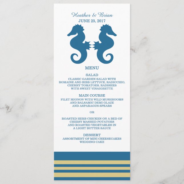Menu de Casamento de Cavalo de Mar Dourado Azul (Frente)