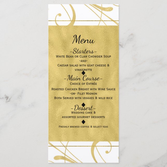 Menu de Casamento de Chic Floral Dourado e Branco (Frente)