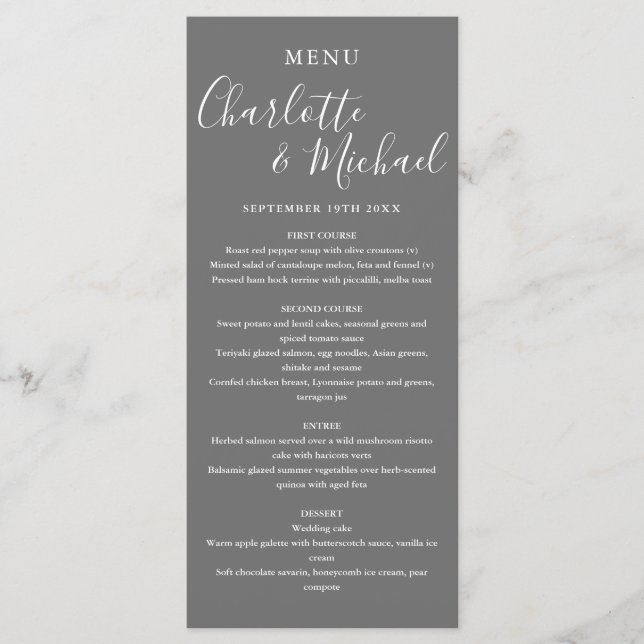 Menu de Casamento de Cinzas de Script de Assinatur (Frente)