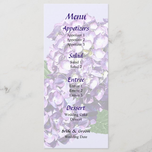 Menu de Casamento de Clusters de Hydrangea Roxo (Frente)