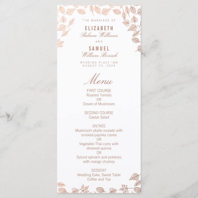 Menu de Casamento de Cobre Faux do outono Elegante (Frente)