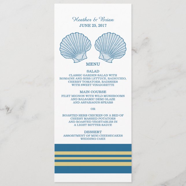 Menu de Casamento de Conchas Náuticas Douradas Azu (Frente)