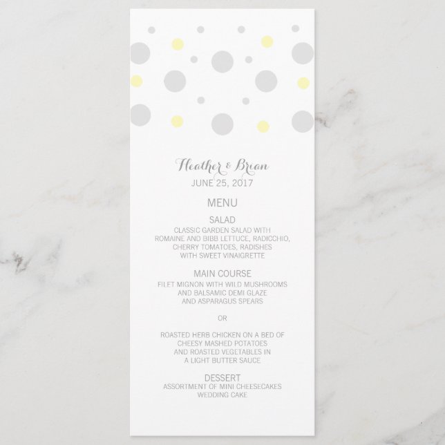 Menu de Casamento de Confetti Amarelo da cinza (Frente)
